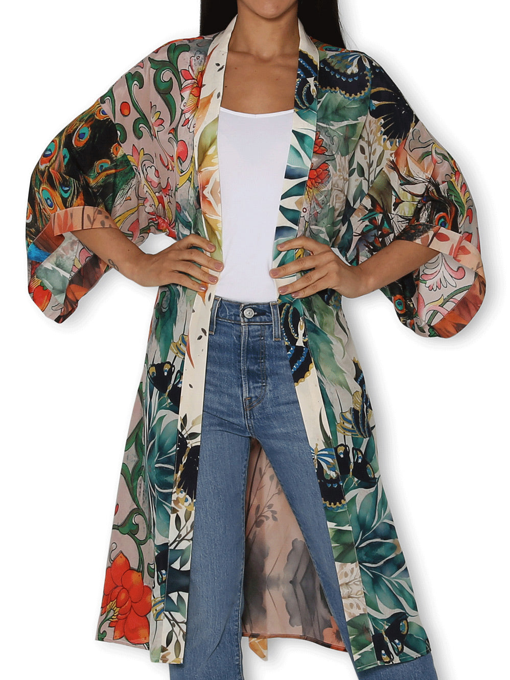 THE ARTISTS LABEL SPLENDOUR OF A PEACOCK GARDEN LONG SILK KIMONO